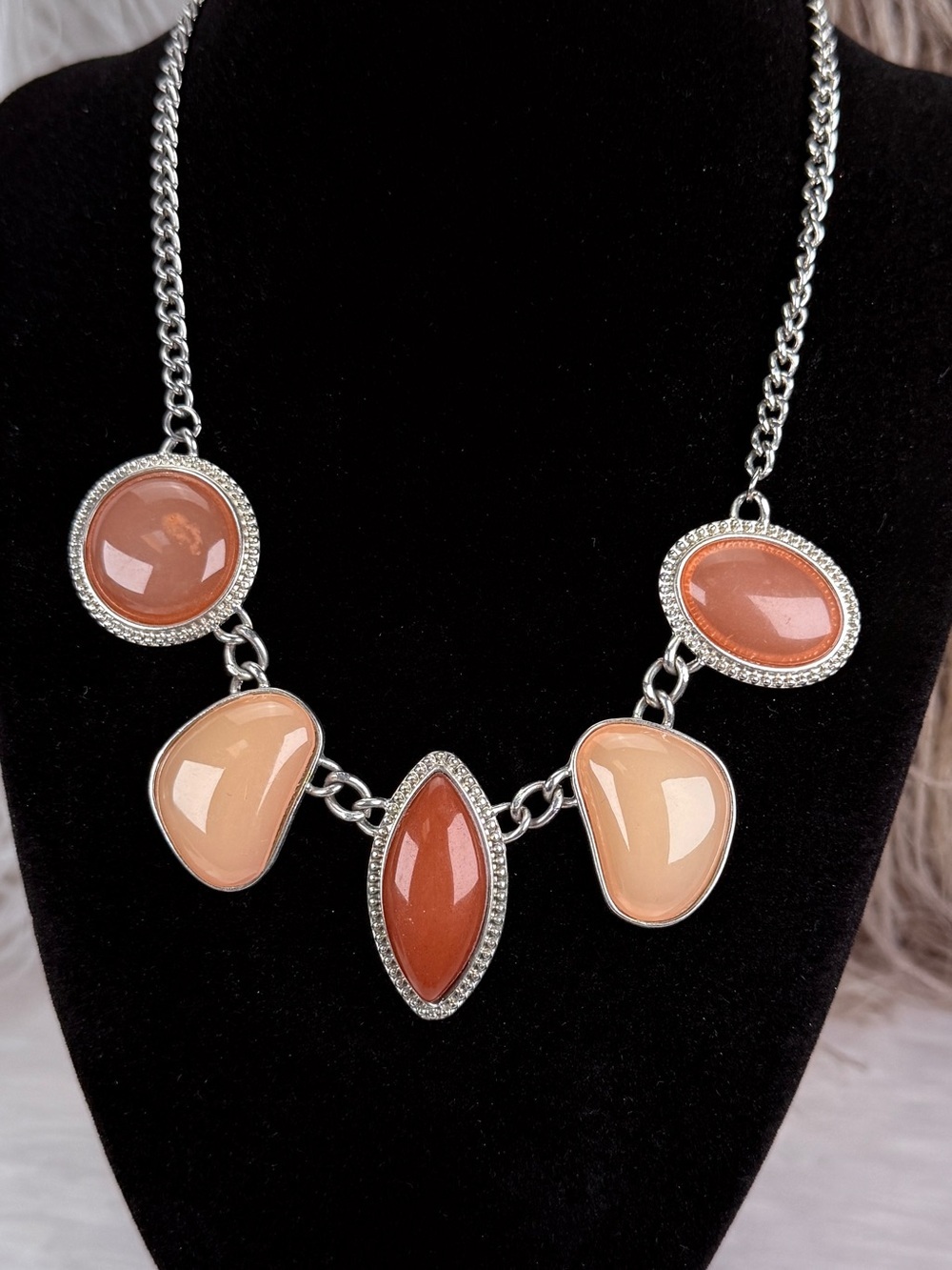 Silver Tone Peach Coral Color Statement Necklace